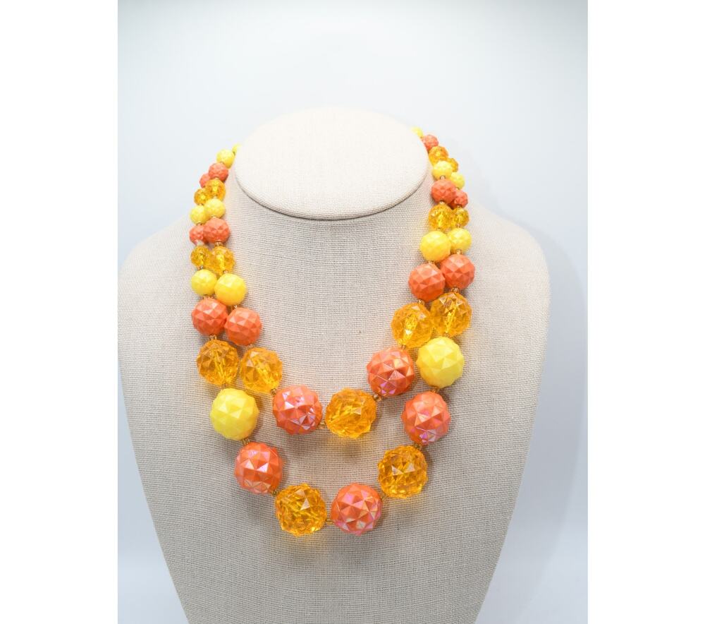 Vintage West Germany Lucite Necklace Double Strand Orange Yellow Faceted
